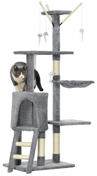 Albero Tiragraffi con Casetta e Piattaforme in Peluche 50x35x134,2 cm Trespoli e Giochi in Truciolato Peluche e Sisal Grigio