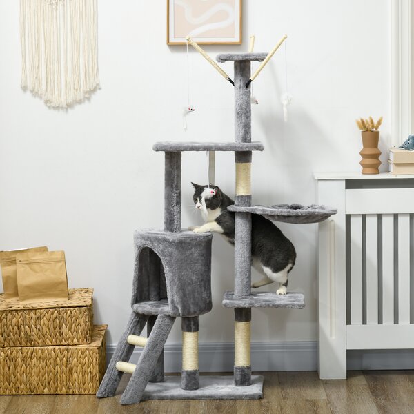 Albero Tiragraffi con Casetta e Piattaforme in Peluche 50x35x134,2 cm Trespoli e Giochi in Truciolato Peluche e Sisal Grigio
