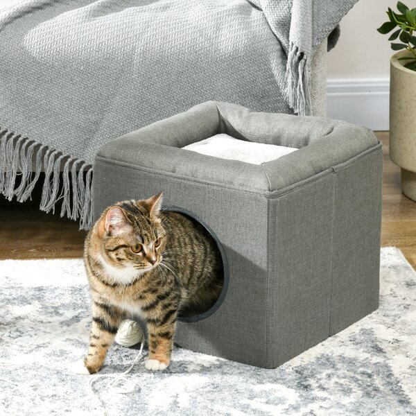 PawHut Casetta per Gatti a 2 Livelli con Cuscino in Peluche, in Legno, Poliestere e Plastica, 36.5x36.5x33 cm, Verde | Aosom Italy