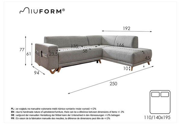 Divano angolare grigio allungabile e con contenitore (penisola a destra/a L) Classy Sophie – Miuform