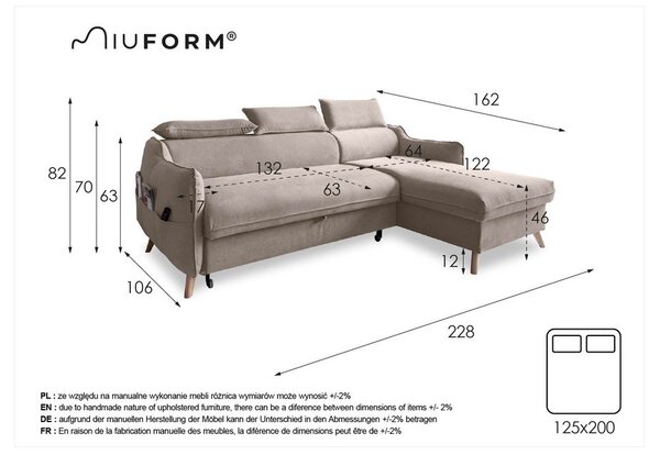 Divano letto angolare grigio chiaro (angolo destro) Sweet Harmony - Miuform