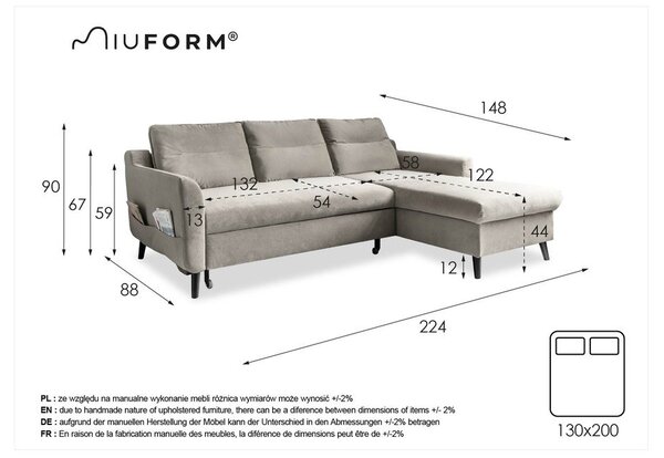 Divano letto angolare in velluto blu scuro, angolo destro Stylish Stan - Miuform