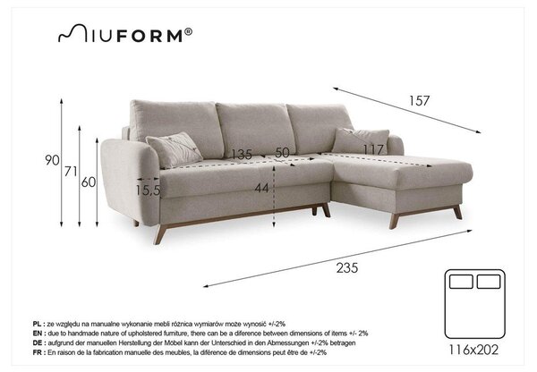 Divano letto angolare beige, angolo destro Scandic Lagom - Miuform