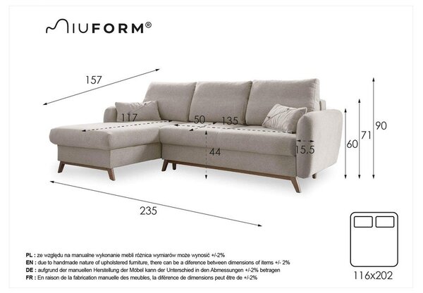 Divano letto angolare arancio mattone, angolo sinistro Scandic Lagom - Miuform