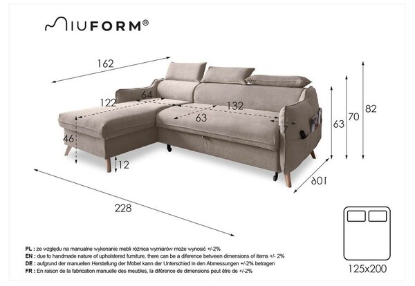Divano letto angolare in velluto grigio chiaro (angolo sinistro) Sweet Harmony - Miuform