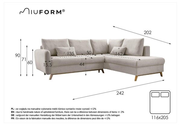 Divano letto angolare beige L, angolo destro Scandic Lagom - Miuform