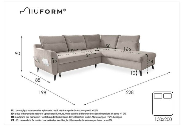 Divano letto angolare in velluto rosa L, angolo destro Stylish Stan - Miuform