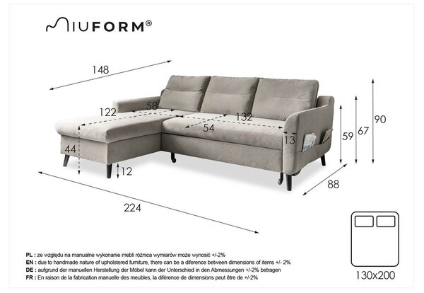 Divano letto angolare in velluto grigio scuro, angolo sinistro Stylish Stan - Miuform