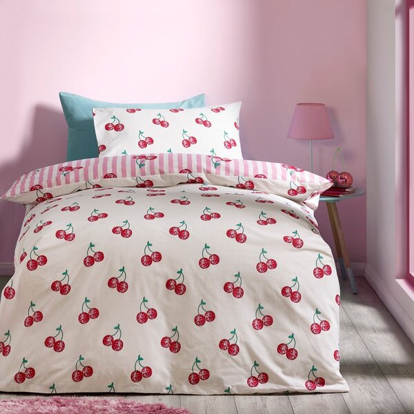 Set copripiumino e federa bianco e rosa per letto singolo 135x200 cm Disco Cherries Stripes – Catherine Lansfield