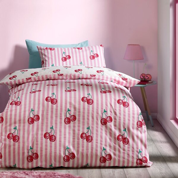 Set copripiumino e federa bianco e rosa per letto singolo 135x200 cm Disco Cherries Stripes – Catherine Lansfield