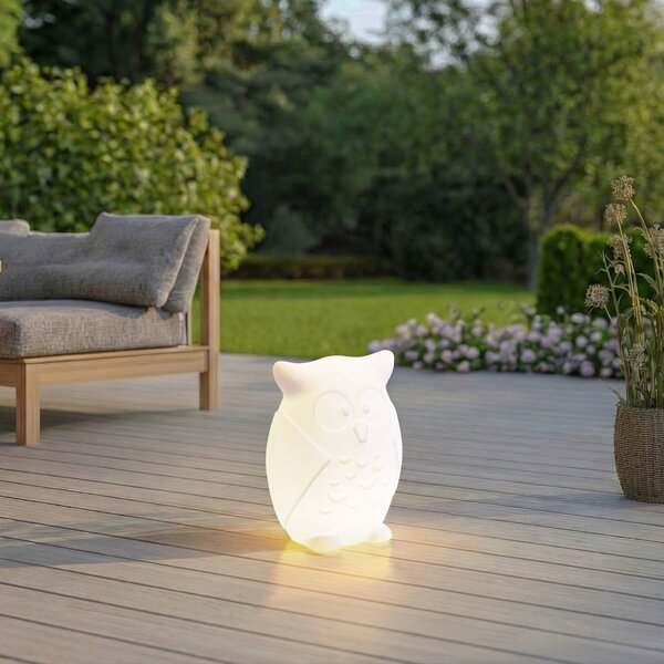 Lindby Lampada a batteria LED Errol, gufo, bianco, RGBW, IP54 Errol Lindby, dimmerabile, Bianco / Opale, Cameretta, Plastica, Moderno