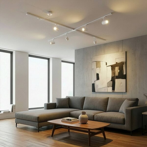 Sistema di binari Lindby Linaro, GU10, a 6 luci, bianco, forma X Linaro, Bianco / Opale, Soggiorno / Sala da pranzo, Alluminio, Moderno