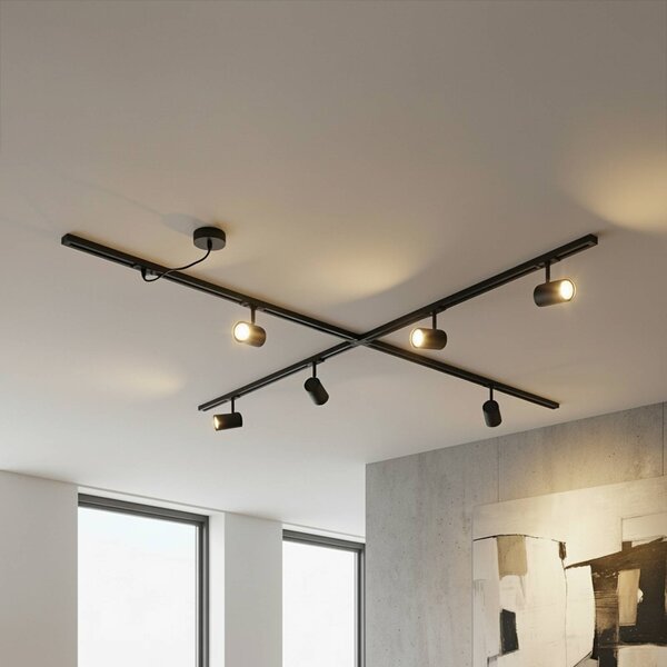 Sistema di binari Lindby Linaro, GU10, a 6 luci, nero, forma X Linaro, Nero, Soggiorno / Sala da pranzo, Alluminio, Moderno