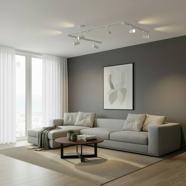 Sistema di binari Lindby Linaro, GU10, a 6 luci, bianco, forma C Linaro, Bianco / Opale, Soggiorno / Sala da pranzo, Alluminio, Moderno