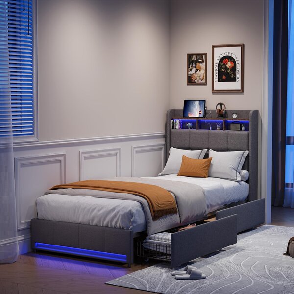 Letto Moonbite con spazio contenitore, dimensioni 90x200 cm, tessuto in lino grigio, illuminazione LED controllabile tramite app, porte USB e di tipo C, 2 cassetti, testiera connessa
