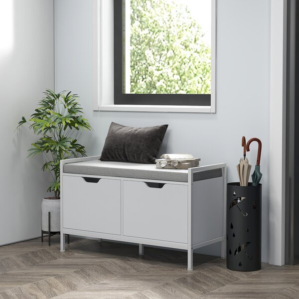 HOMCOM Panca Scarpiera a 2 Armadietti con Cuscino, in Tessuto Effetto Lino, Legno e Acciaio, 84x35x50 cm, Bianco