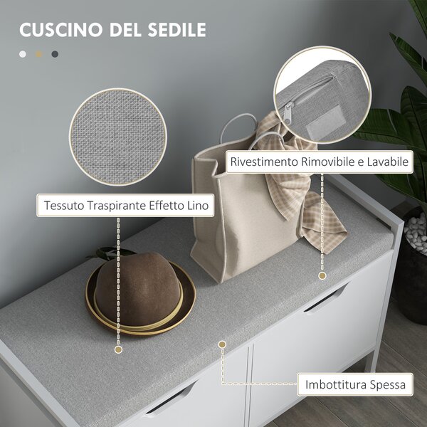 HOMCOM Panca Scarpiera a 2 Armadietti con Cuscino, in Tessuto Effetto Lino, Legno e Acciaio, 84x35x50 cm, Bianco