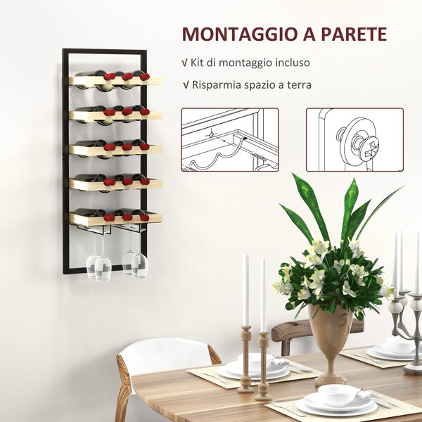 HOMCOM Portabottiglie da Parete in Legno e Acciaio per 15 Bottiglie di Vino e 4 Calici, 35x25x86cm