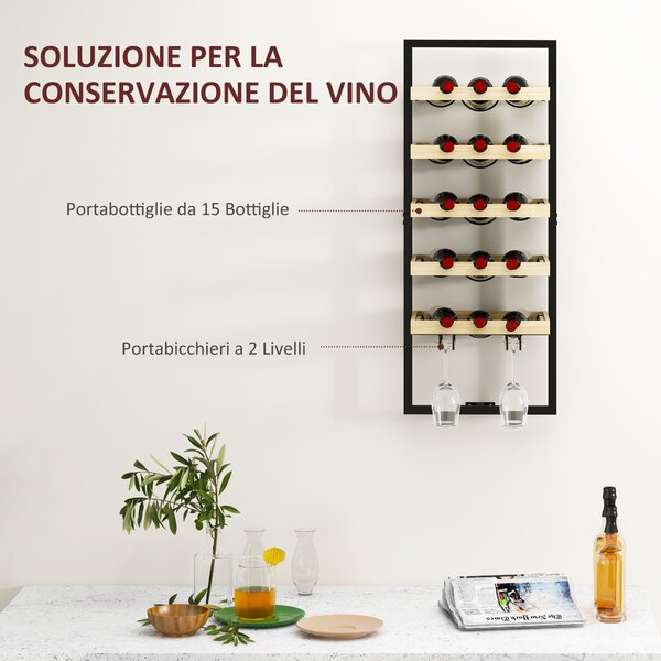 HOMCOM Portabottiglie da Parete in Legno e Acciaio per 15 Bottiglie di Vino e 4 Calici, 35x25x86cm