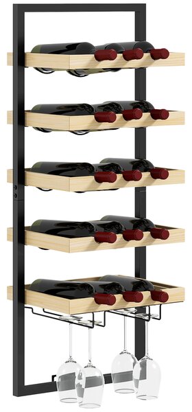 HOMCOM Portabottiglie da Parete in Legno e Acciaio per 15 Bottiglie di Vino e 4 Calici, 35x25x86cm