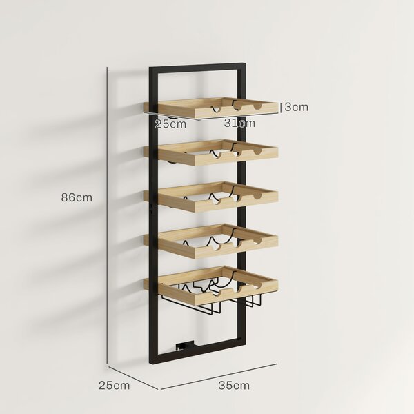 HOMCOM Portabottiglie da Parete in Legno e Acciaio per 15 Bottiglie di Vino e 4 Calici, 35x25x86cm