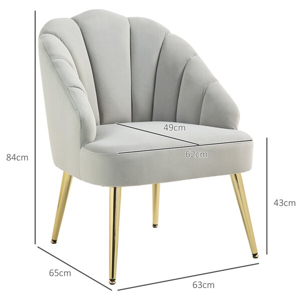 HOMCOM Poltrona in Velluto da Camera e Salotto a Conchiglia Stile Art Deco, Poltrona Design Moderno con Gambe in Acciaio, Grigio | Aosom Italy