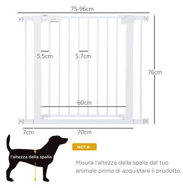 PawHut Cancelletto per Cani con Meccanismo Intelligente, Fissaggio a Pressione, Installazione senza Fori, Larghezza Regolabile 75-96cm | Aosom Italy