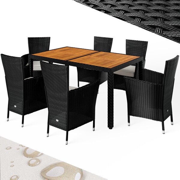 CASARIA® Mobili da Giardino Polyrattan 6 Sedie Impilabili Tavolo in Legno Acacia 150x90cm Set Balcone Tavolo Sedia