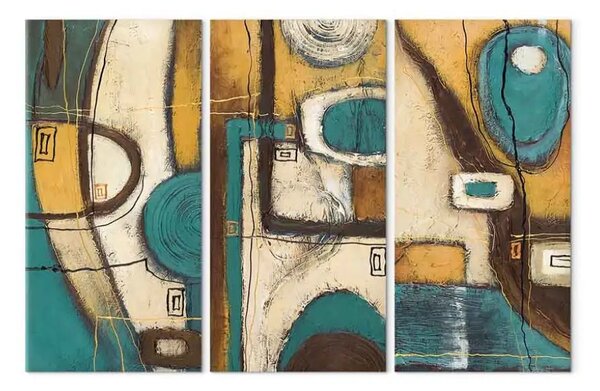 Quadro moderno Disegno turchese e dorato (3 pezzi) - astrazione con figure