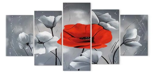 Quadro moderno Unicità (5 parti) - motivo floreale grigio con papavero rosso
