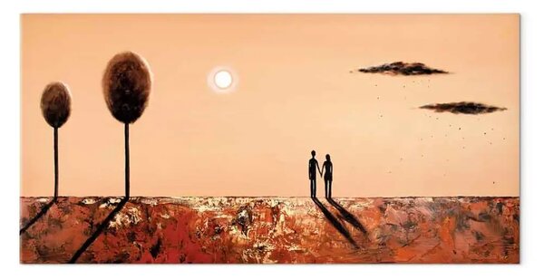 Quadro Innamorati - coppia di personaggi con alberi, sole e nuvole