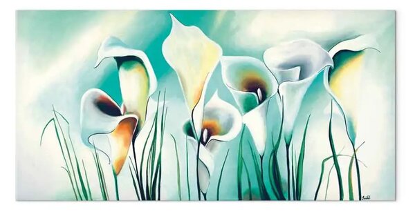 Quadro moderno Calendule - motivo floreale bianco con disegno turchese