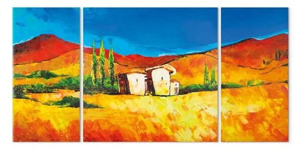 Quadro moderno Toscana soleggiata (3 parti) - paesaggio architettonico con alberi