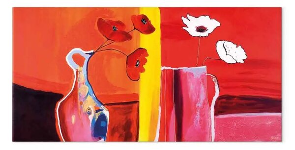 Quadro contemporaneo Papaveri in vasi - bouquet di fiori su sfondo rosso vivace