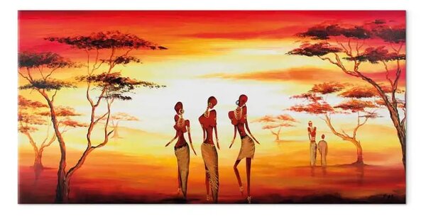 Quadro contemporaneo Danza africana - paesaggio con alberi e tramonto