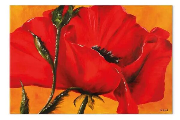 Quadro contemporaneo Papavero - natura con fiore rosso su sfondo arancione