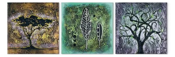Quadro contemporaneo Natura (3 parti) - astrazione con alberi, foglie e disegni
