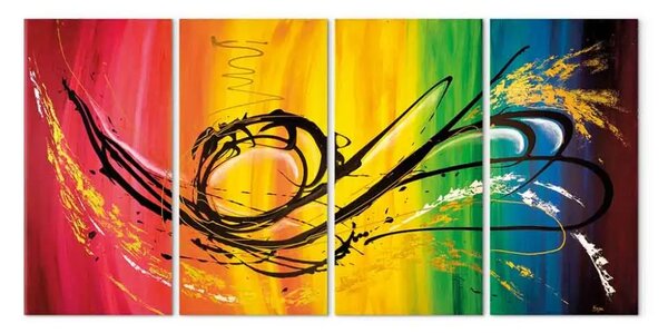 Quadro su tela Arcobaleno (4 pezzi) - Astrazione con motivo nero su sfondo colorato