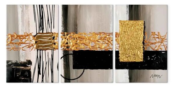 Quadro Astrazione (3 parti) - Motivi dorati e sfondo bianco nero con fantasia