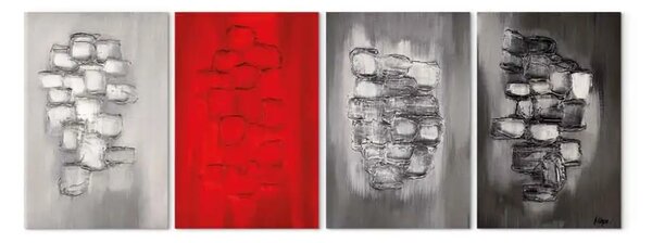 Quadro contemporaneo Fantasia elegante (4 parti) - Astrazione argentea con rosso