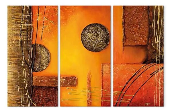 Quadro contemporaneo Composizione (3 parti) - Astrazione arancione con cerchi dorati