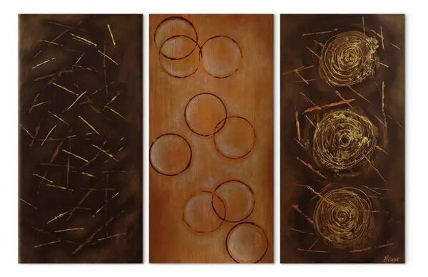 Quadro contemporaneo Colori (3 parti) - Astrazione nei toni del bronzo e oro con motivi