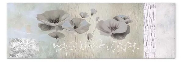 Quadro contemporaneo Papaveri - Natura in tonalità di grigio con fiori e scritte