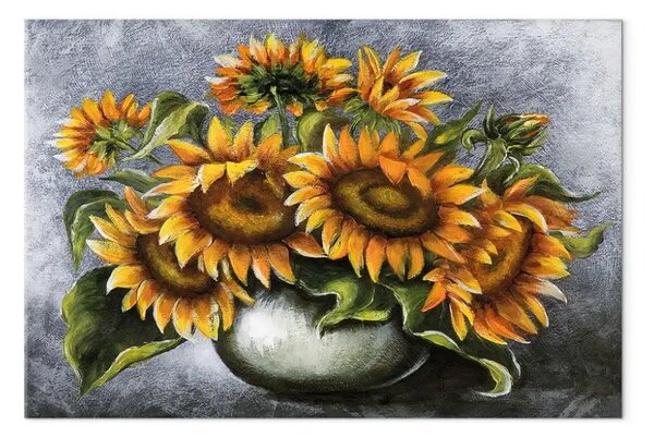 Quadro Girasoli in un brocca - Bouquet di fiori su sfondo grigio