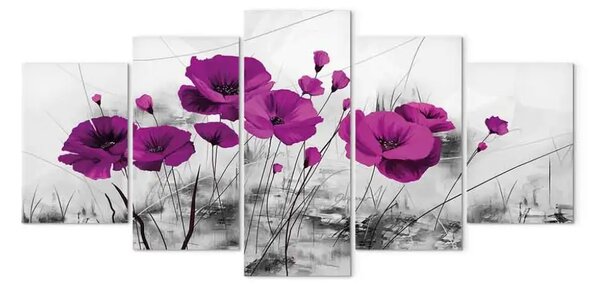 Quadro Papaveri viola (5 pezzi) - Fiori su sfondo nei toni del grigio