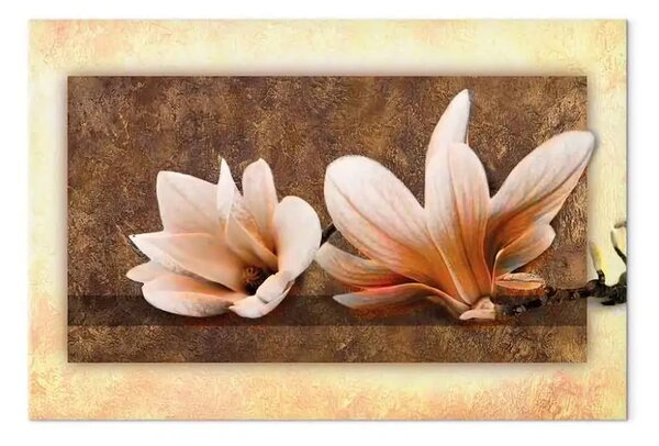 Quadro su tela Natura della magnolia - Fiori chiari su sfondo marrone