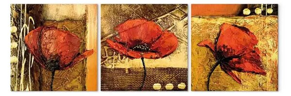 Quadro su tela Motivo dorato e papaveri (3 pezzi) - Fiori rossi su sfondo fantasioso