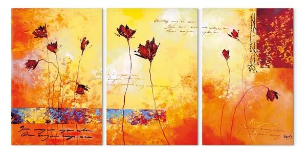 Quadro su tela Papavero astratto - un trittico della pianta in colori arancioni