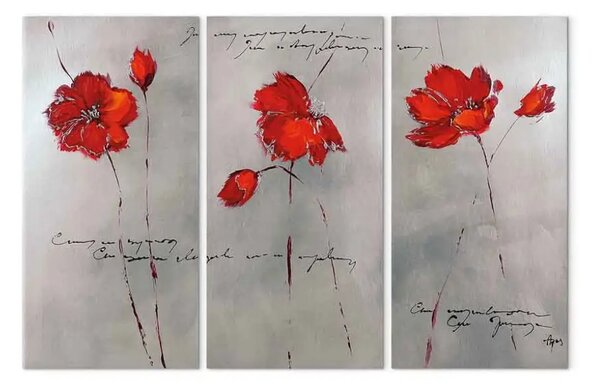 Quadro Sottigliezza dei papaveri (3 pezzi) - Fantasia con fiori e scritte