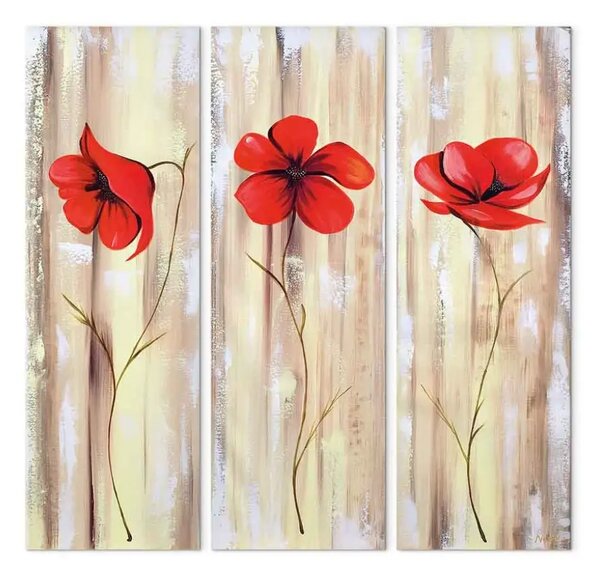 Quadro contemporaneo Tre papaveri (3 pezzi) - Fiori e sfondo perlaceo con tessitura a doghe